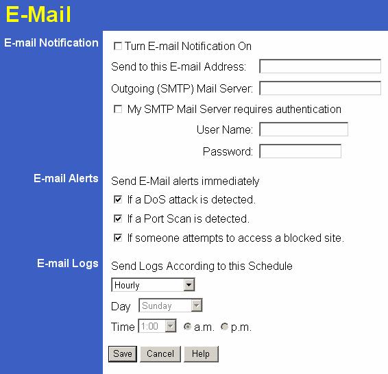 E-mail This screen allows you to E-mail Logs and Alerts. A sample screen is shown below.