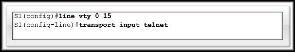 Configure Telnet and SSH Configuring Telnet: Telnet is the default transport for the vty lines.