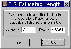 76 Practical Analog and Digital Filter Deign Figure 7. FIR Etimated Length dialog box. Figure 7.3 how the coefficient creen with the final filter coefficient diplayed.