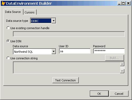 choosing Builder. The Data Source page of the DataEnvironment Builder is where you set data source information. Choose the desired data source type and where the data source comes from.