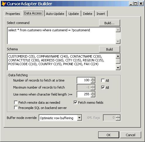 The Data Access page allows you to specify the SelectCmd, CursorSchema, and other properties.