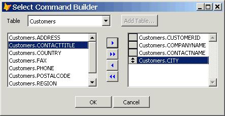 The Select Command Builder makes short work of building a simple SELECT statement. Choose the desired table from the table dropdown, then move the appropriate fields to the selected side.