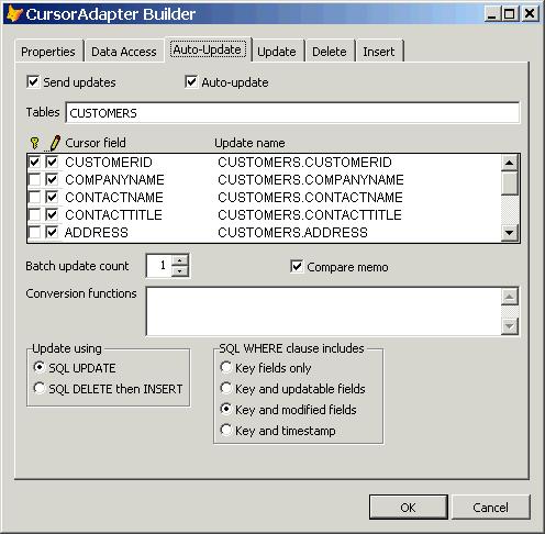 Use the Auto-Update page to set the properties necessary for VFP to automatically generate update statements for the data source.
