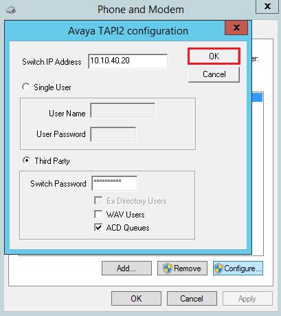 Once the Avaya TAPI2 Configuration window opens, enter the following: Switch IP address Enter the IP address of the IP Office.