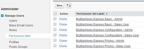 UPDATING PERMISSION SETS After updating BigMachines Express administrators must take the following steps to add the new metadata to any custom permission sets.