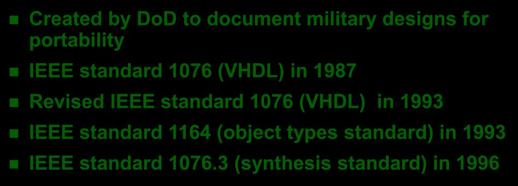 History of VHDL Created by DoD to document military designs for portability IEEE standard 1076 (VHDL) in 1987 Revised IEEE standard 1076 (VHDL) in 1993 IEEE standard 1164 (object types standard) in