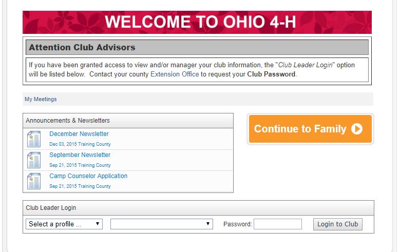 Click on Continue to Family Hint: Once in active status, Club Advisors can log in to their club information using the Club Leader Login using the club password from this screen.