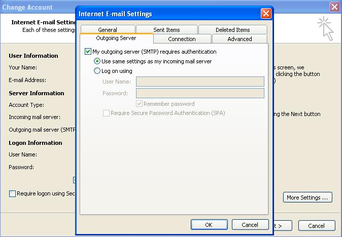 Click on the Outgoing Server Tab Make Sure 'My outgoing server (SMTP) required authenication is click and "Use same settings as my