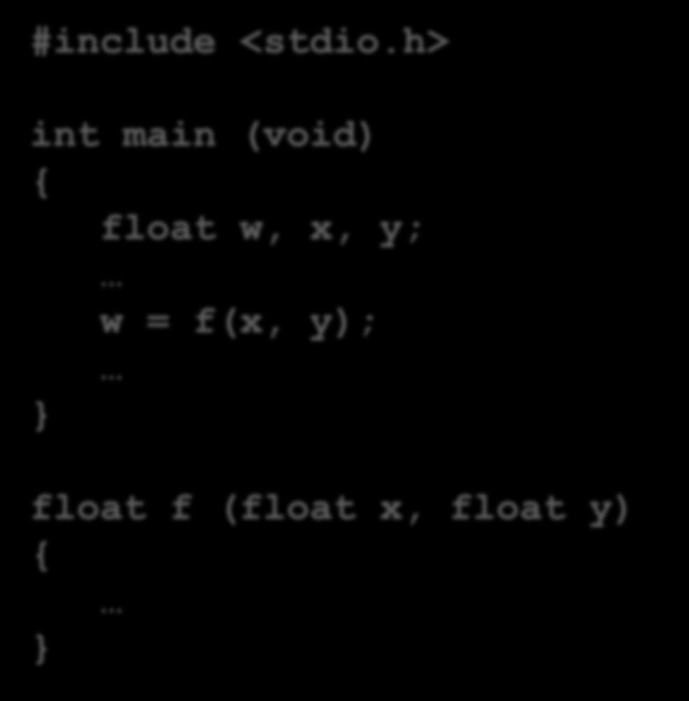 h> int main (void) { float w, x, y; w = f(x, y); float f (float x, float y) { float f (float x,