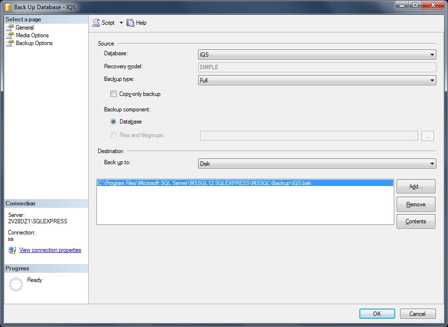 d. From the Back Up Database screen, make sure the Source Database is your IQSweb