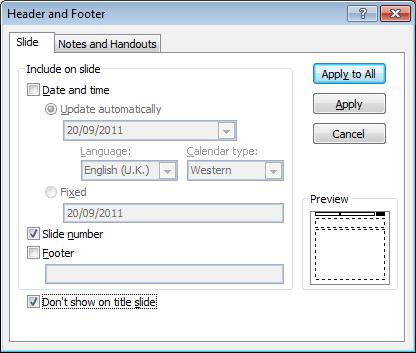Figure 20: Header and Footer Slide tab dialogue box Task 23 Place Slide numbers on your presentation without showing the slide number on the Title slide. Preview and save your presentation.