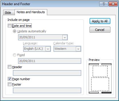 Figure 23: Header and Footer Notes and Handouts tab dialogue box Task 26 Add the Presentation title as a header to your presentation.