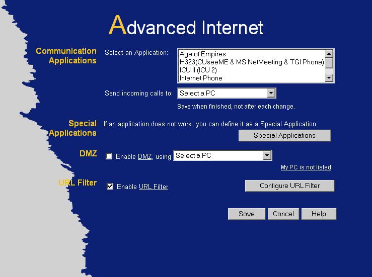 Advanced Features Advanced Internet Screen This screen allows configuration of all advanced features relating to Internet access.