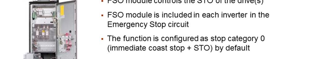 The Emergency stop option +Q979 is configured as stop category 0 (immediate coast stop + STO) by default.