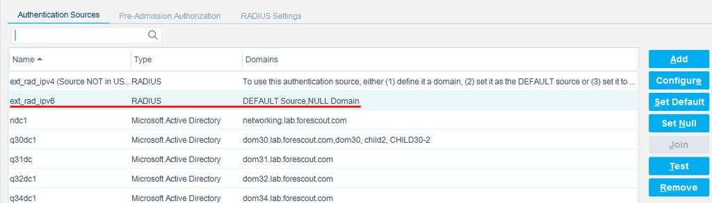 Proxy Mode In the Authentication Sources tab, configure an external RADIUS server entry with the domain assignments NULL Domain and DEFAULT Source.