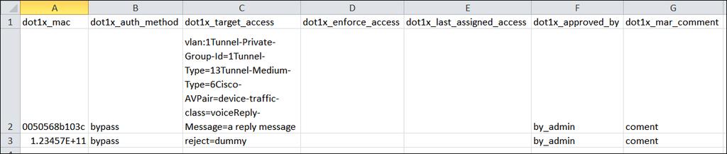 MAR Entry Field Last Edited By MAR Comment CSV File Column Name dot1x_approved_by Required field column dot1x_mar_comment Optional field column CSV File Field Value Enter the phrase by_import.