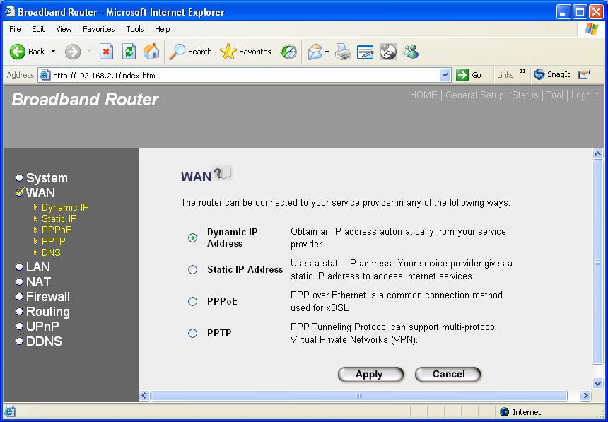 2.2 WAN Use the WAN Settings screen if you have already configured the Quick Setup Wizard section and you would like to change your Internet connection type.