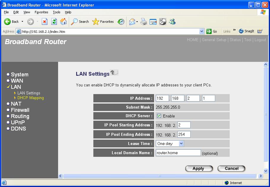 2.3.1 LAN Settings The LAN Settings allow you to specify a private IP address for your router s LAN ports as well as a subnet mask for your LAN segment.