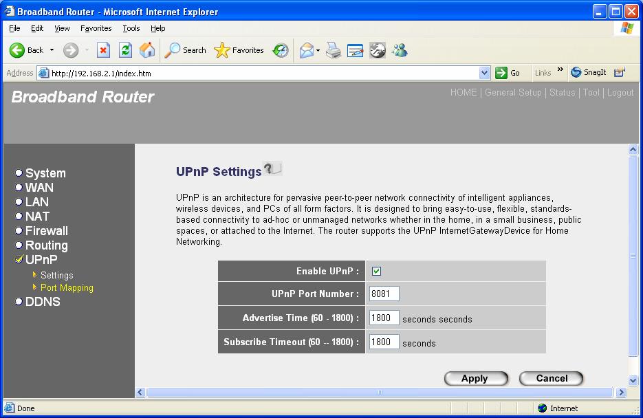 2.7.1 UPnP Settings UPnP Settings allows you to configure the basic parameters of UPnP.