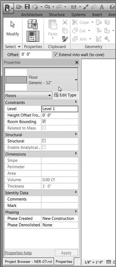 Pl acing a Fl oor Sl a b 257 F I GUR E 6. 2 : Changing the focus of the properties 5. A t up p er r ight in the dialog, click the Edit Type button (see Figure 6. 3 ).