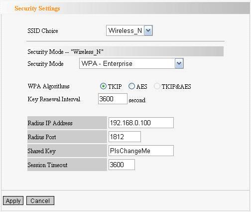 WPA Algorithms: Select one encryption type, AES, TKIP or TKIP&AES. Pass Phrase: Enter the key which must have 8-63 ASCII characters. Key Renewal Interval: Specifies the timer the WPA key must changes.