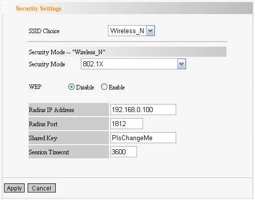 WEP: Select Enable or Disable WEP encryption which indicates the authentication process between wireless adapter and ZSR4134WE. Radius IP Address: Please input the IP address of Radius server here.
