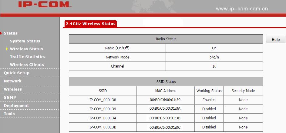Wireless Status This page displays 2.4GHz radio status, SSID status and WDS status of this device.