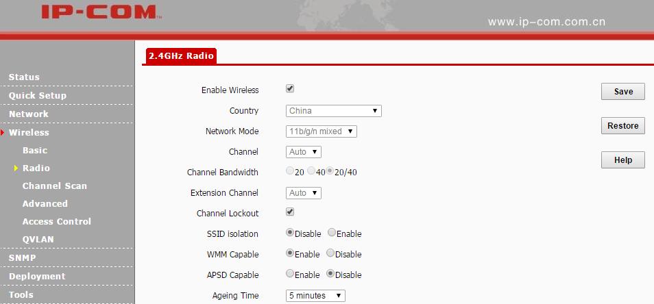 Radio Click Wireless > Radio to configure radio settings. In the AP Client mode and WDS mode, radio settings are not configurable.