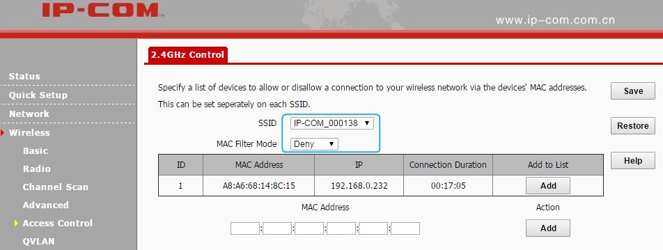 To only deny the computer at the MAC address of the C8:9C:DC:12:13:13 to join your SSID IP-COM_000138: Configuration Steps: ❶ Select the SSID IP-COM_000138 and