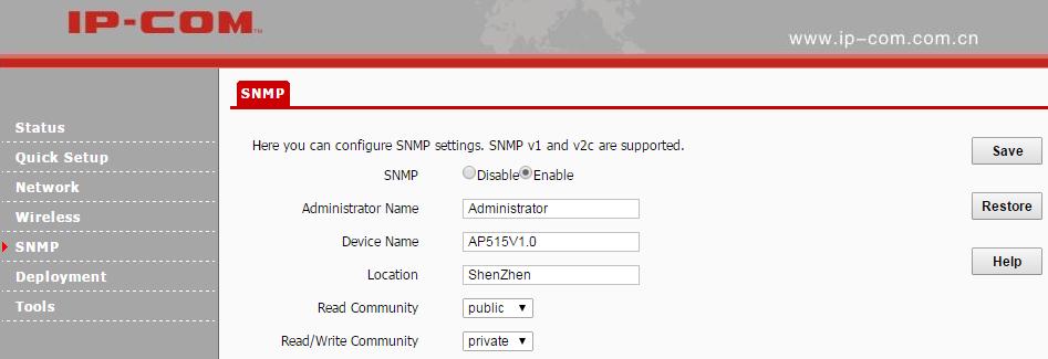 By default, SNMP is disabled. If you want to enable it, select Enable. Parameters on this page are illustrated below: SNMP: Disable/Enable the SNMP function. It is disabled by default.