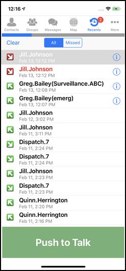 Section 5: Recent PTT Call Log The Recents Tab displays a log of recent incoming and outgoing calls, with green or red arrows to indicate competed or missed calls.