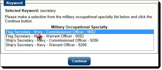 Select Military Occupational Specialty On the next screen, select the civilian
