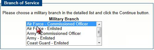 Select a branch of the military/status (officer, enlisted, etc.) and click Continue.
