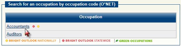 To search for an occupation by its O*NET code: Type in the (whole or partial) O*NET Code and click Search. The system will display a list of occupations matching the code.