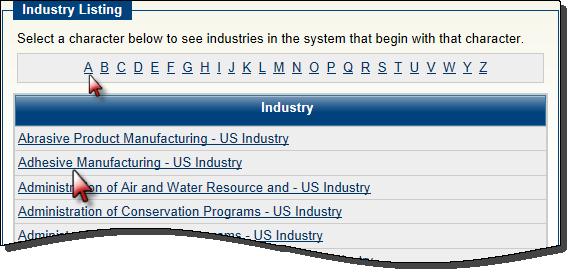 Industries by Industry Code Industry Listing Search There are times when you may be directed to select an appropriate industry code/naics code.