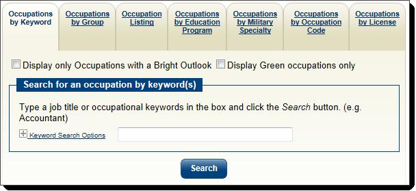 Select an Occupation There are several points in the system where the user may need to identify an occupation, such as when they are searching for jobs within a specific occupation or when they