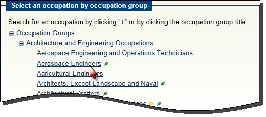 Click the + to expand the screen to show all occupations within an occupation group. These links then will access the occupation, as shown in the following example.