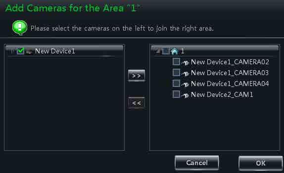 Xcel CMS User Manual 10 Select an area and click window. to pop up a 1 Check the camera on the left column and click button to add the camera to the area.