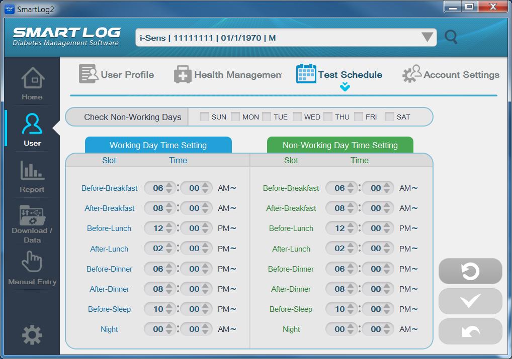 3.2.3 Test Schedule Click the Test Schedule and the following screen below will appear. A B C D SmartLog manages the data using the meal and sleep time.