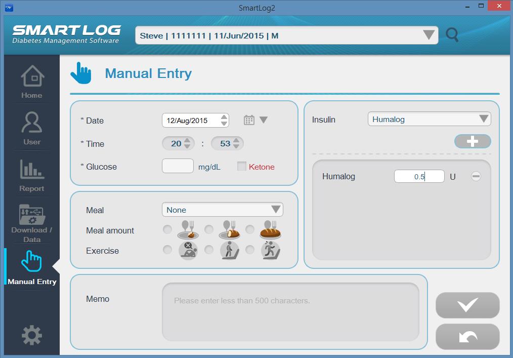 3.7 Manual Entry Manual Entry allows you to record glucose values manually from any meter. Click the Manual Entry menu and the following screen will appear.
