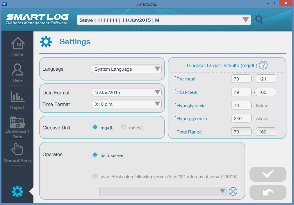 3.8 Settings In the Settings menu, date and time formats and glucose units displayed on the program and reports are modified. Language, server, glucose target defaults are set in the menu.