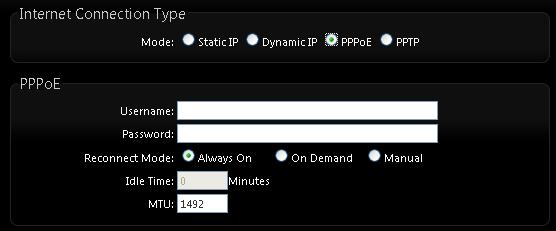 Mode : By default, it s Static IP. Check Static IP, Dynamic IP, PPPoE or PPTP to set up system WAN IP Static IP : Users can manually setup the WAN IP address with a static IP provided by WISP.