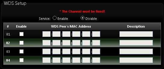 3.9 WDS Setup - Expand your Wireless Network Service: By default, it's Disable. To Enable to activate WDS Enable: Click Enable checkbox to create WDS link.