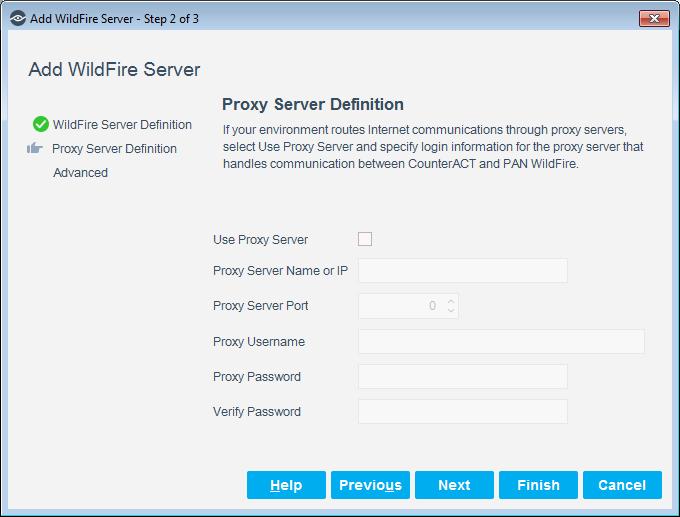 8. Configure the following settings: Use Proxy Server Proxy Server Name or IP Proxy Server Port Proxy Username Proxy Password Verify Password Select this option to use a proxy server to communicate