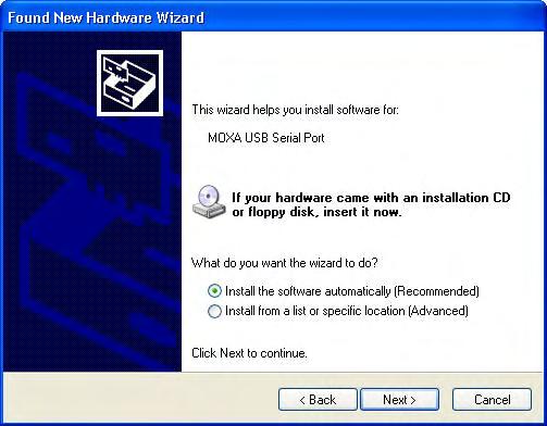 8. The Found New Hardware Wizard will open. If you see the following screen, select No, not this time, then click Next. 9.