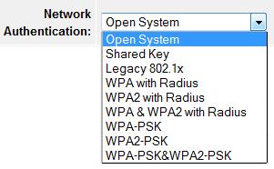 Selecting WEP (Open System or Shared Key): If selecting WEP (Wired Equivalent Privacy), please review the WEP settings to configure and click Apply to
