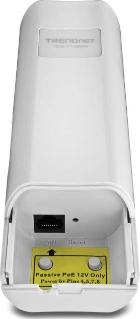 Access Point Front View with Bottom Cap Removed Product Hardware Features Access Point Side View Reset Button Ethernet Port Reset Button LAN Port Diagnostic LEDS Ethernet Port External Antenna