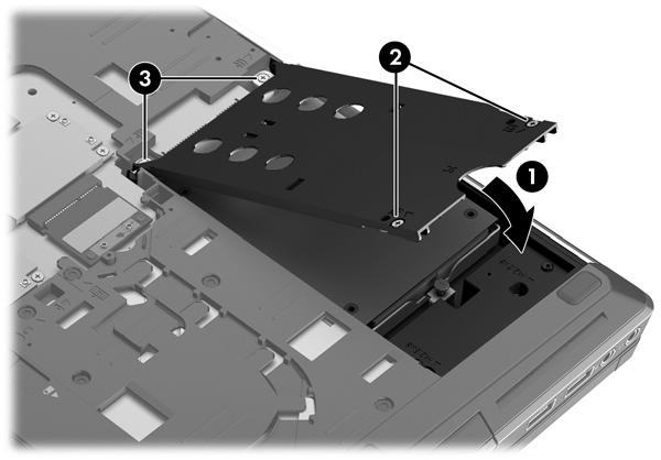 4. Tighten the hard drive screw (3). 5. Close the smart card holder (1). 6. Tighten the smart card holder screws (2). 7. Tighten the hard drive screws (3). 8.