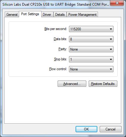 In the properties window, select the Port Settings tab; verify the settings match the values