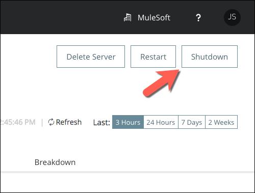 8. When you re finished, remember to shutdown your local Mule runtime a. You can take advantage of our hybrid management approach by simply clicking Shutdown on the top of the Server Dashboard b.